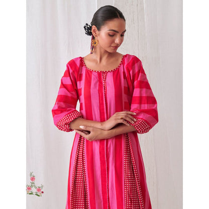 Myaara Pink & Red Striped Box Pleat Inserts Kurta Paired With Straight White Pant (Set of 2)