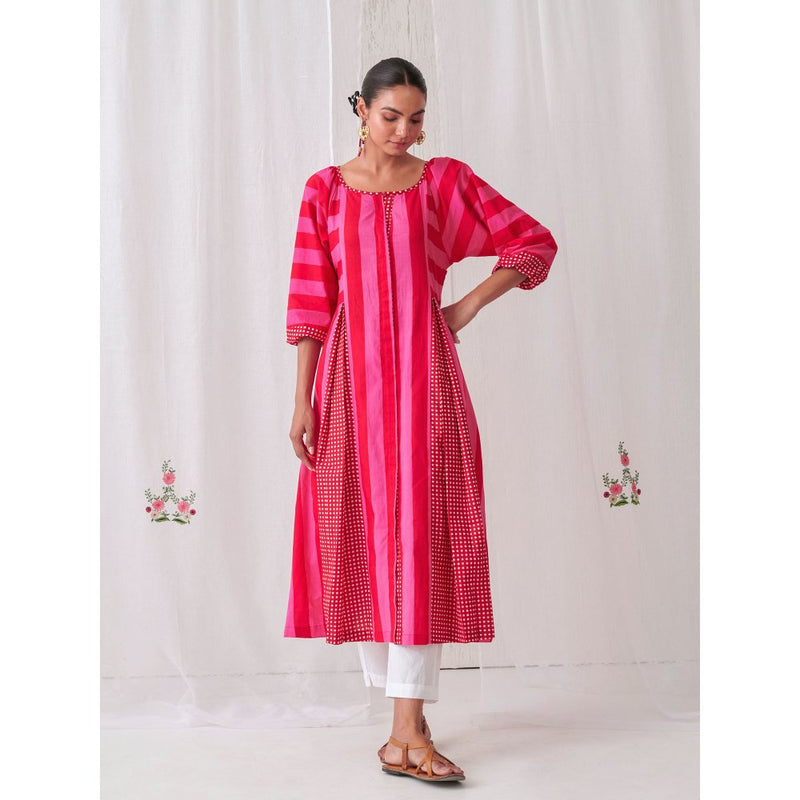Myaara Pink & Red Striped Box Pleat Inserts Kurta Paired With Straight White Pant (Set of 2)