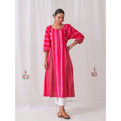 Myaara Pink & Red Striped Box Pleat Inserts Kurta Paired With Straight White Pant (Set of 2)