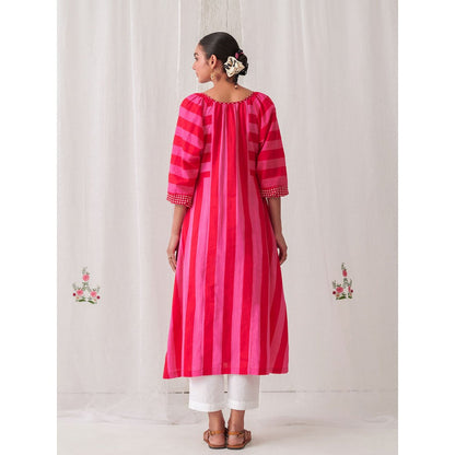 Myaara Pink & Red Striped Box Pleat Inserts Kurta Paired With Straight White Pant (Set of 2)