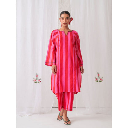 Myaara Pink & Red Stripes Phiran Kurta Paired With Matching Palazzo (Set of 2)