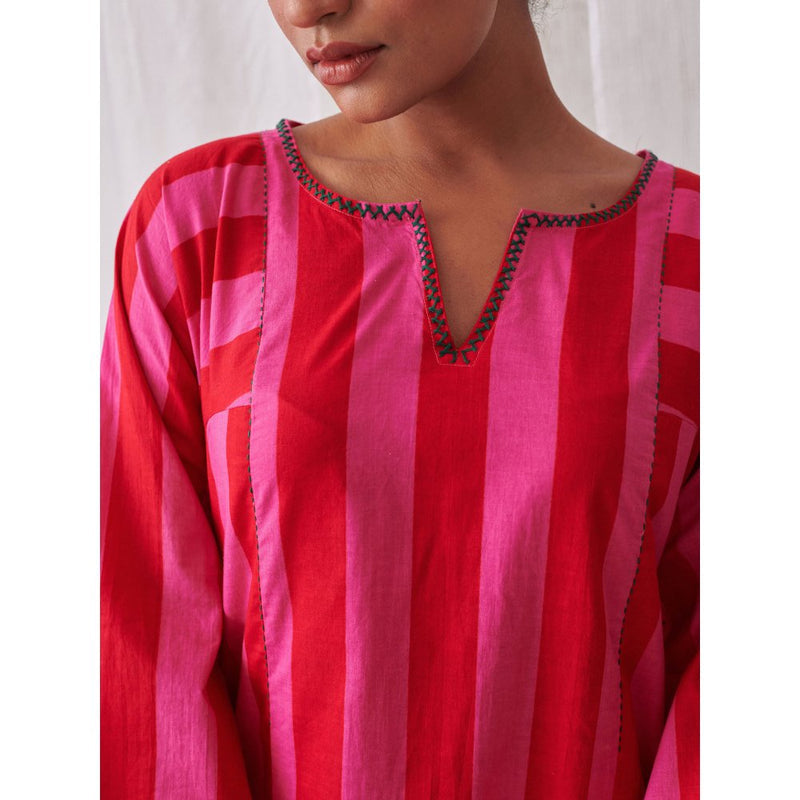 Myaara Pink & Red Stripes Phiran Kurta Paired With Matching Palazzo (Set of 2)