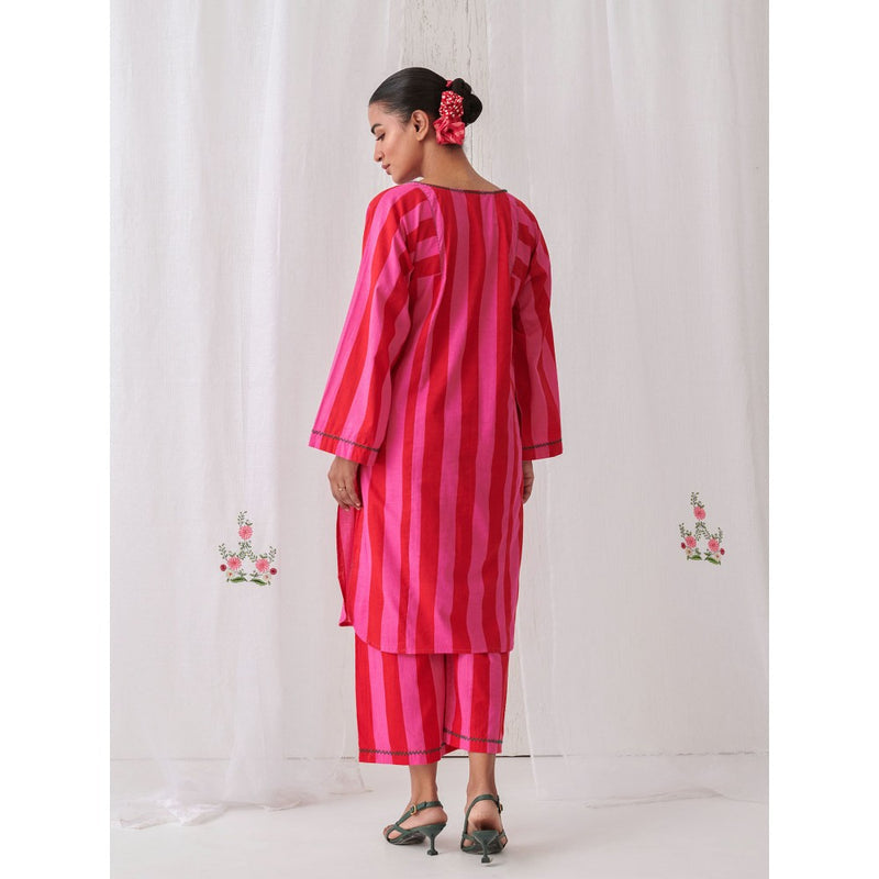 Myaara Pink & Red Stripes Phiran Kurta Paired With Matching Palazzo (Set of 2)