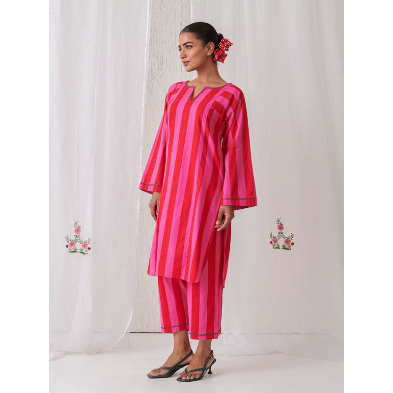 Myaara Pink & Red Stripes Phiran Kurta Paired With Matching Palazzo (Set of 2)