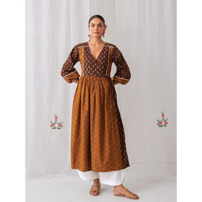 Myaara Brown & Olive Floral Angrakha Kurta Paired With Curved Hem White Palazzo (Set of 2)