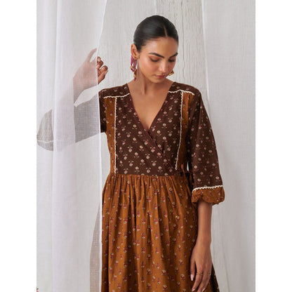 Myaara Brown & Olive Floral Angrakha Kurta Paired With Curved Hem White Palazzo (Set of 2)