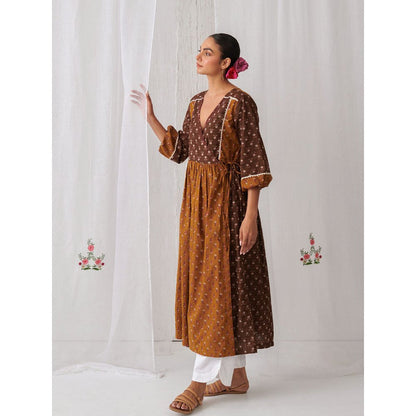 Myaara Brown & Olive Floral Angrakha Kurta Paired With Curved Hem White Palazzo (Set of 2)