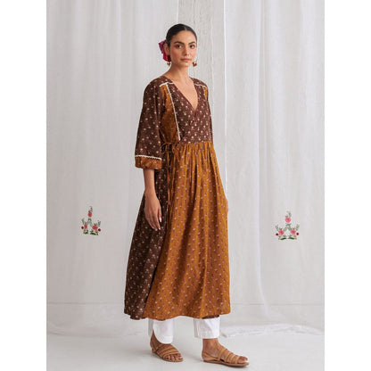 Myaara Brown & Olive Floral Angrakha Kurta Paired With Curved Hem White Palazzo (Set of 2)