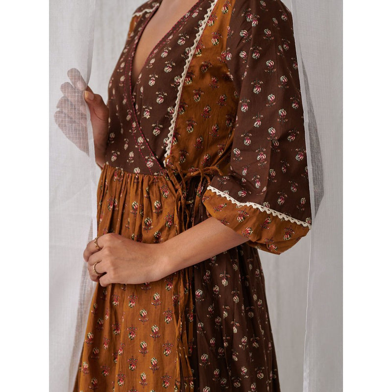 Myaara Brown & Olive Floral Angrakha Kurta Paired With Curved Hem White Palazzo (Set of 2)