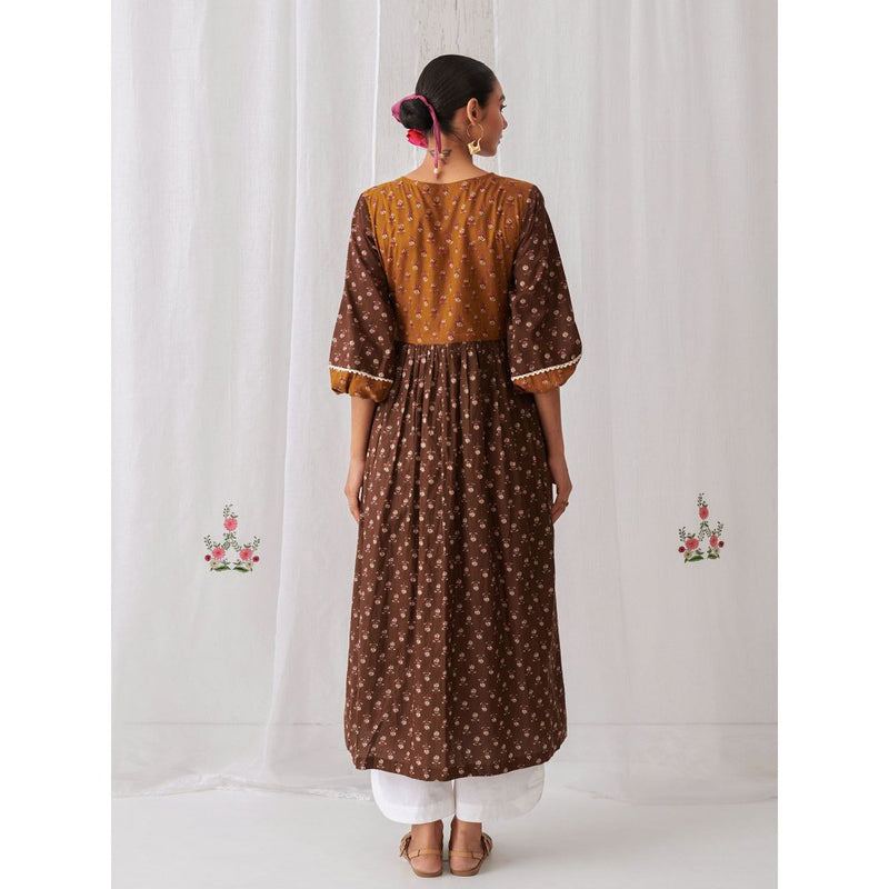 Myaara Brown & Olive Floral Angrakha Kurta Paired With Curved Hem White Palazzo (Set of 2)