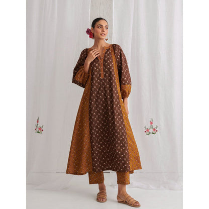 Myaara Brown & Olive Floral A Line Kurta Paired With Matching Pant (Set of 2)