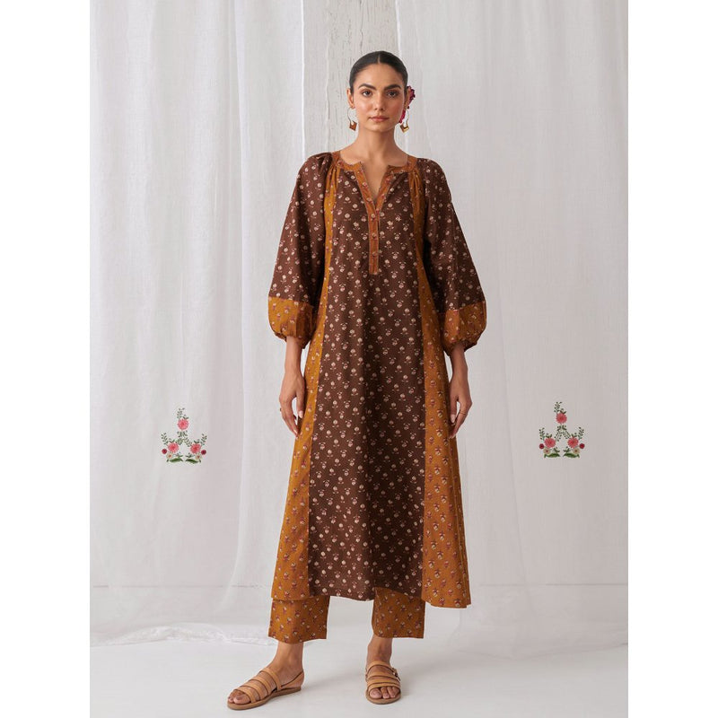 Myaara Brown & Olive Floral A Line Kurta Paired With Matching Pant (Set of 2)