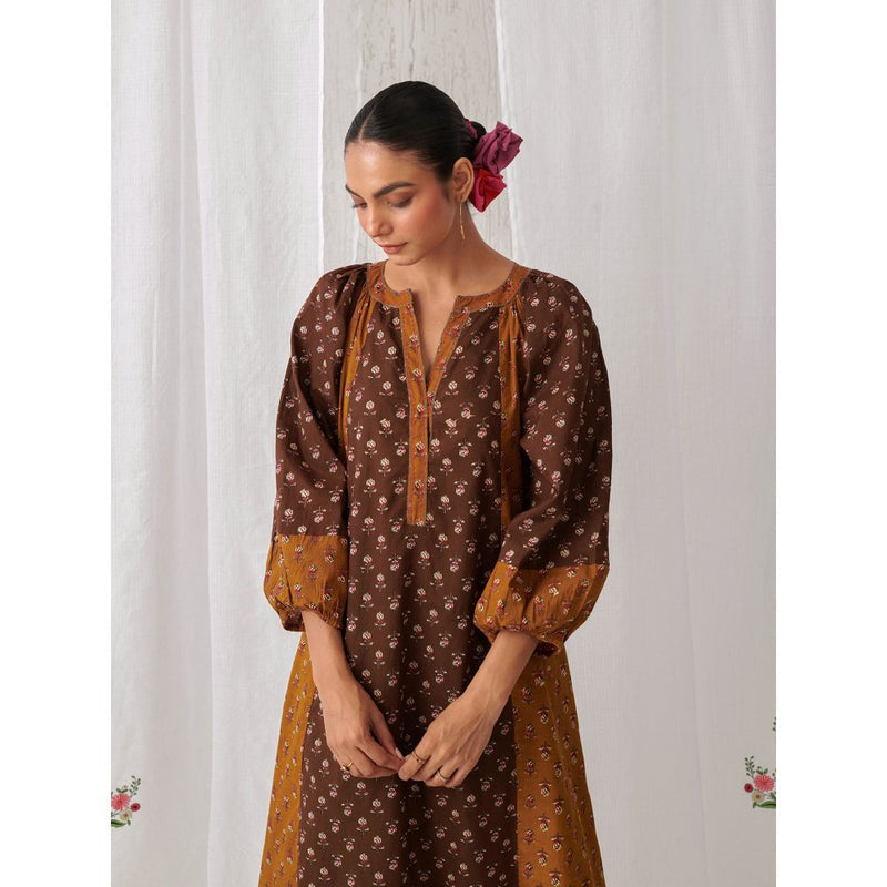 Myaara Brown & Olive Floral A Line Kurta Paired With Matching Pant (Set of 2)