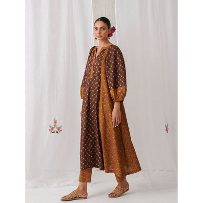 Myaara Brown & Olive Floral A Line Kurta Paired With Matching Pant (Set of 2)