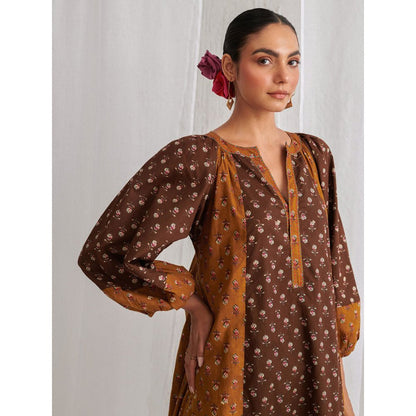 Myaara Brown & Olive Floral A Line Kurta Paired With Matching Pant (Set of 2)