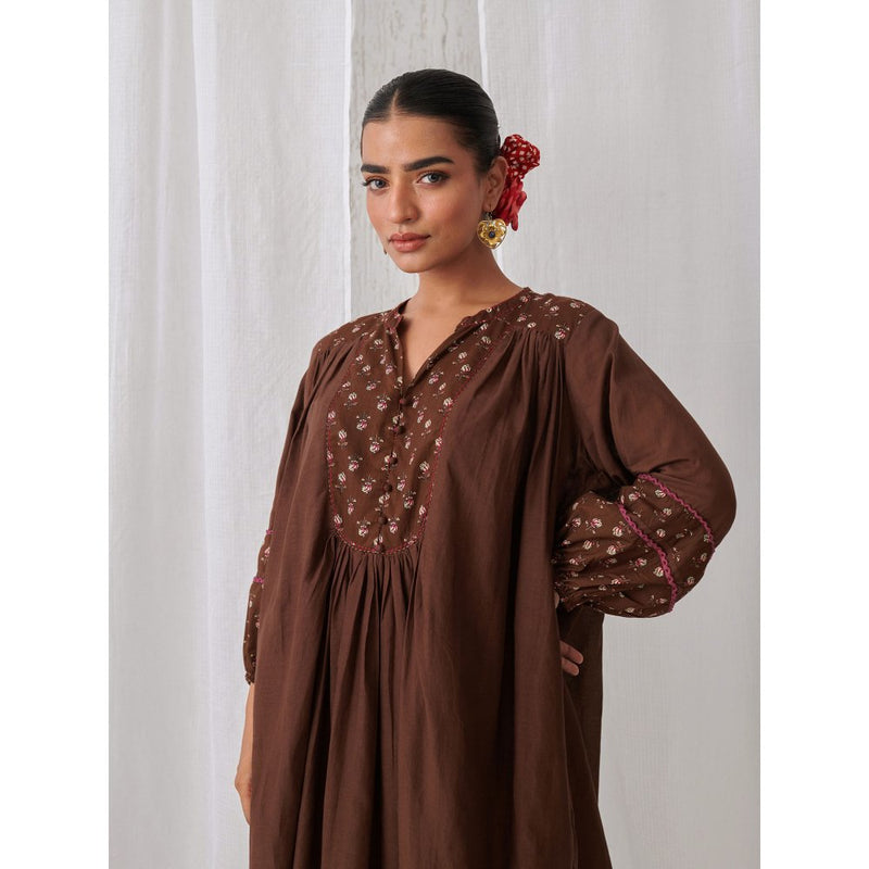 Myaara Brown Floral Gathered Kurta Paired With Matching Pant (Set of 2)