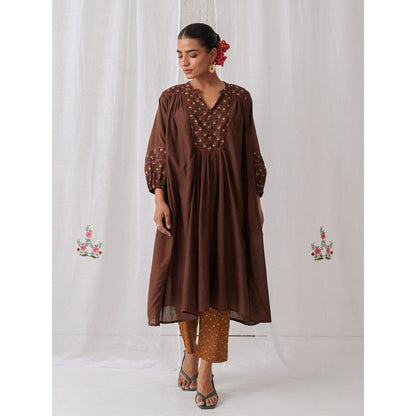 Myaara Brown Floral Gathered Kurta Paired With Matching Pant (Set of 2)