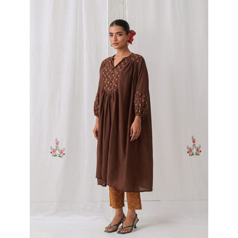 Myaara Brown Floral Gathered Kurta Paired With Matching Pant (Set of 2)