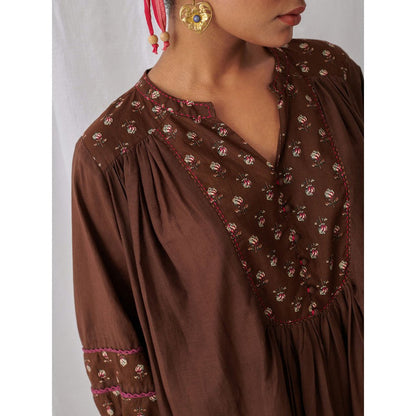 Myaara Brown Floral Gathered Kurta Paired With Matching Pant (Set of 2)