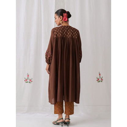 Myaara Brown Floral Gathered Kurta Paired With Matching Pant (Set of 2)