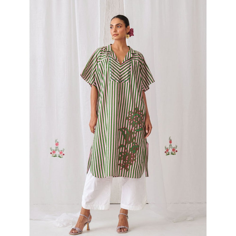 Myaara Pink Green Striped Kurta With Embroidery Paired With White Palazzo (Set of 2)