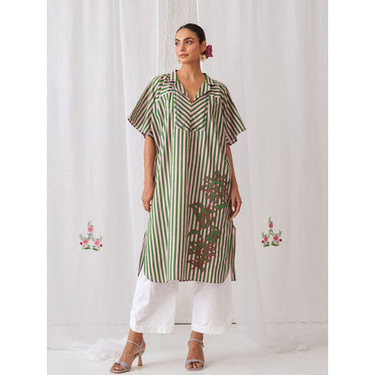Myaara Pink Green Striped Kurta With Embroidery Paired With White Palazzo (Set of 2)