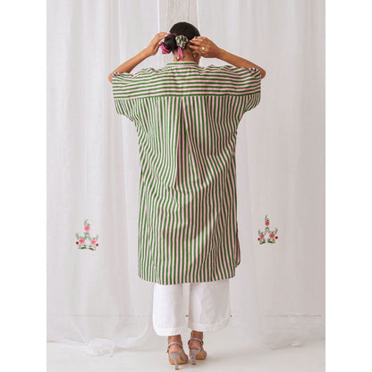 Myaara Pink Green Striped Kurta With Embroidery Paired With White Palazzo (Set of 2)