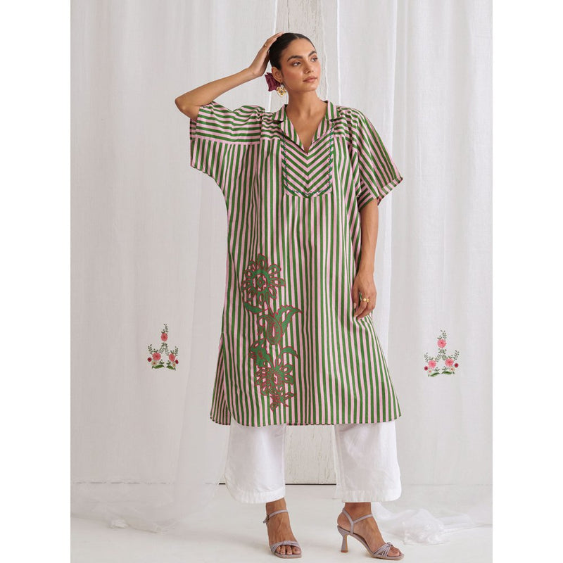Myaara Pink Green Striped Kurta With Embroidery Paired With White Palazzo (Set of 2)