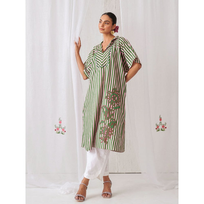 Myaara Pink Green Striped Kurta With Embroidery Paired With White Palazzo (Set of 2)