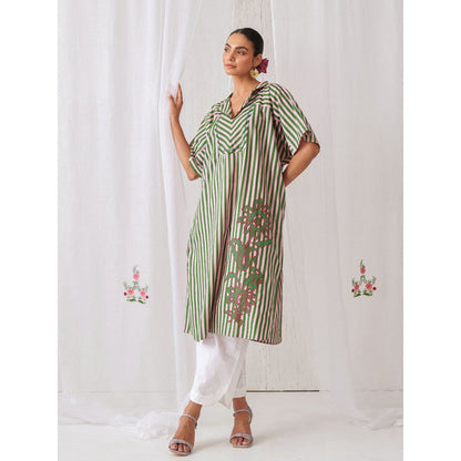 Myaara Pink Green Striped Kurta With Embroidery Paired With White Palazzo (Set of 2)