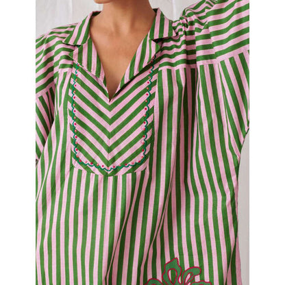 Myaara Pink Green Striped Kurta With Embroidery Paired With White Palazzo (Set of 2)