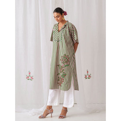 Myaara Pink Green Striped Kurta With Embroidery Paired With White Palazzo (Set of 2)
