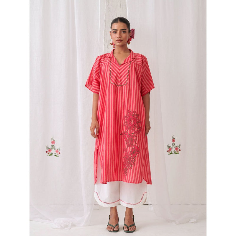 Myaara Peach & Pink Striped Kurta With Embroidery Paired With White Palazzo (Set of 2)