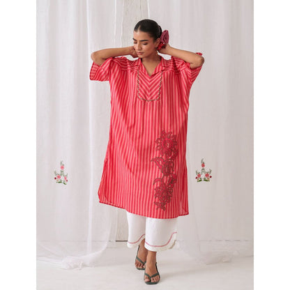 Myaara Peach & Pink Striped Kurta With Embroidery Paired With White Palazzo (Set of 2)
