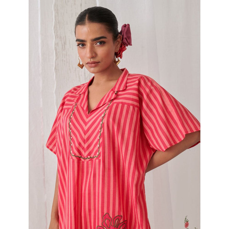 Myaara Peach & Pink Striped Kurta With Embroidery Paired With White Palazzo (Set of 2)
