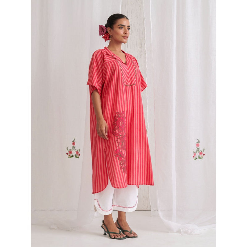 Myaara Peach & Pink Striped Kurta With Embroidery Paired With White Palazzo (Set of 2)
