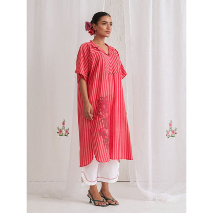 Myaara Peach & Pink Striped Kurta With Embroidery Paired With White Palazzo (Set of 2)