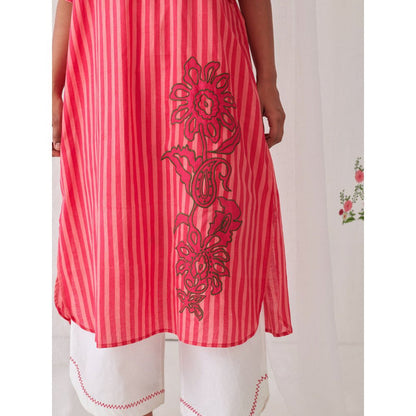 Myaara Peach & Pink Striped Kurta With Embroidery Paired With White Palazzo (Set of 2)