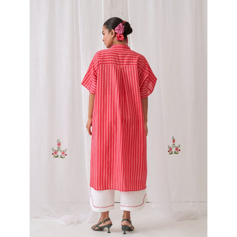 Myaara Peach & Pink Striped Kurta With Embroidery Paired With White Palazzo (Set of 2)