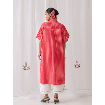 Myaara Peach & Pink Striped Kurta With Embroidery Paired With White Palazzo (Set of 2)