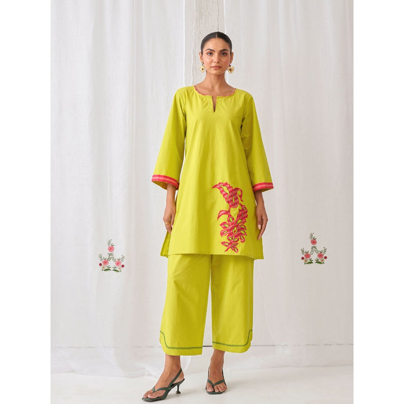 Myaara Lemon Green Kurta With Embroidery Matching Palazzo (Set of 2)
