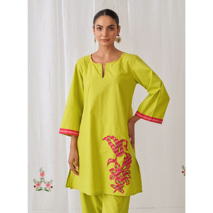 Myaara Lemon Green Kurta With Embroidery Matching Palazzo (Set of 2)