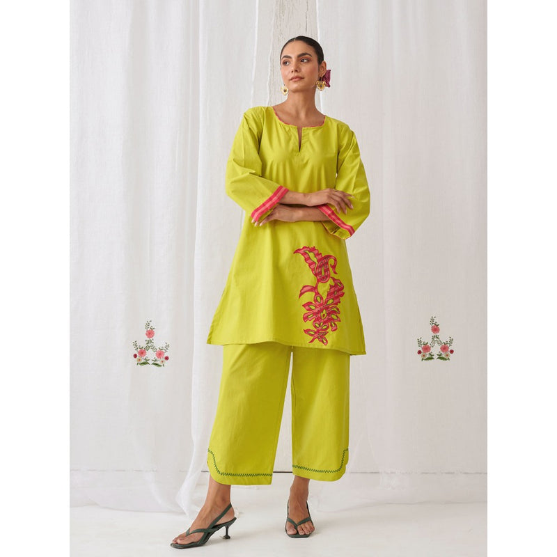 Myaara Lemon Green Kurta With Embroidery Matching Palazzo (Set of 2)