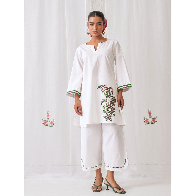 Myaara White Kurta With Embroidery Paired With Matching Palazzo (Set of 2)