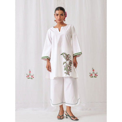 Myaara White Kurta With Embroidery Paired With Matching Palazzo (Set of 2)