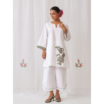Myaara White Kurta With Embroidery Paired With Matching Palazzo (Set of 2)
