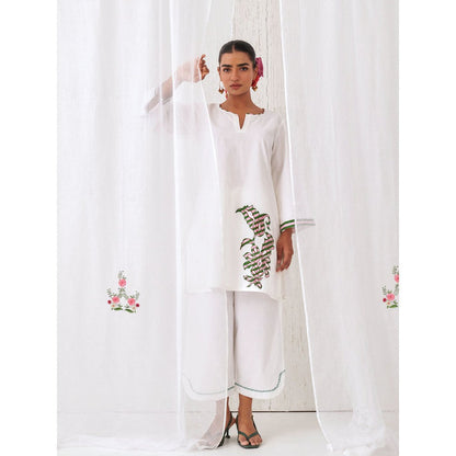 Myaara White Kurta With Embroidery Paired With Matching Palazzo (Set of 2)