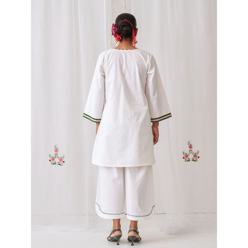 Myaara White Kurta With Embroidery Paired With Matching Palazzo (Set of 2)