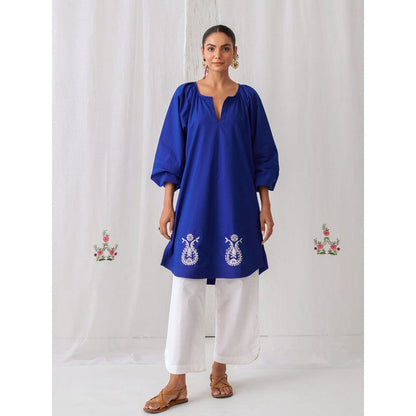Myaara Royal Blue Gathered Kurta Paired With Curved Hem White Palazzo (Set of 2)