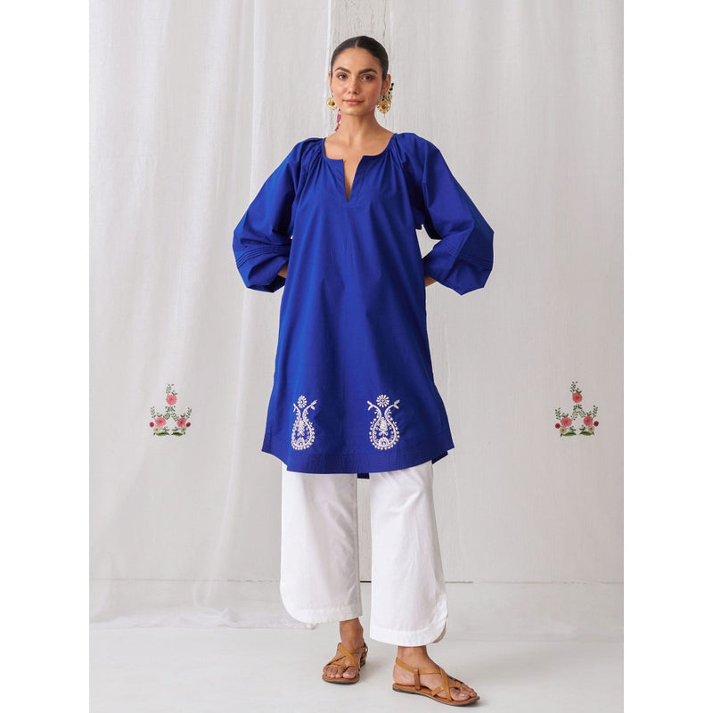 Myaara Royal Blue Gathered Kurta Paired With Curved Hem White Palazzo (Set of 2)